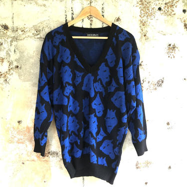 1980s Deep V Abstract Face Print Blue Black Wool Sweater S M 