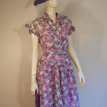 Bi-Annual Sale 35% Off A Pocket Full of Violets - Vintage 1950s Sheer Rayon Violet Coloured Floral Bouquet Day Dress - 4 