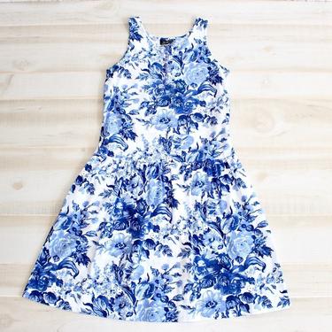 Vintage 80s Floral Sundress, 1980s Flower Print Dress, Rose Dress, Blue Dress, White Dress, Romantic Dress 
