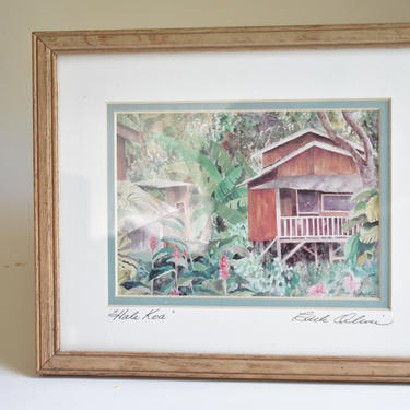 Hale Koa by Carli Oliver Framed Lithograph | 1995 Art Print Watercolor Style | Tropical Maui Hawai'i | Banana Blossom Trees | Island Life 