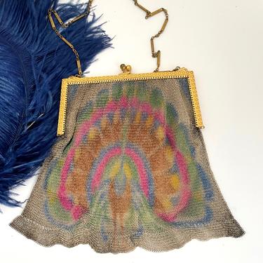 WHITING AND DAVIS Antique 20s Purse | 1920s Dresden Mesh Bag with Peacock Bird Motif, Brass Frame | Flapper Great Gatsby, Art Deco Vintage 