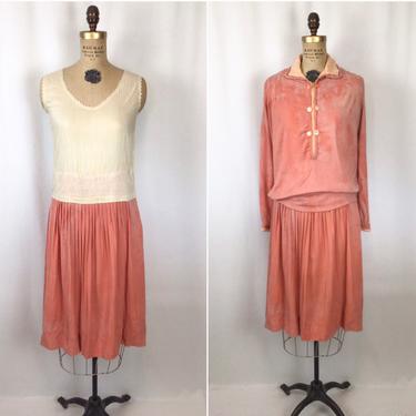 Vintage 20s Dress | Vintage pink silk drop waist dress suit | 1920's silk cotton two piece dress set 