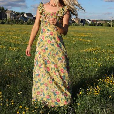 Vintage Ruffle Neck Maxi / 60's Floral Off-Shoulder Ruched Dress / Small 