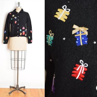 vintage 90s ugly christmas sweater cardigan black wool embroidered holiday M clothing jumper 