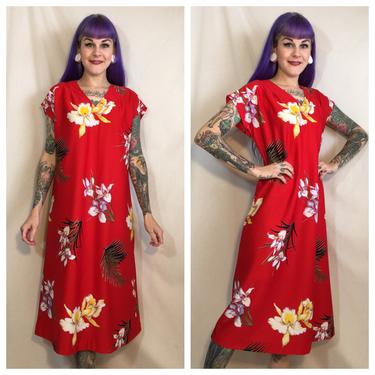 Vintage 1970’s Red Hawaiian Print Dress 