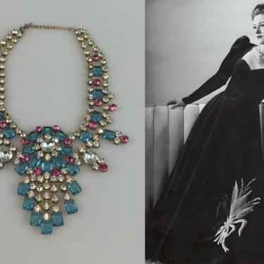 She Had Her Suspicions - Vintage 1940s Massive Crystal Turquoise Pink Clear Rhinestone Bib Necklace - Rare 