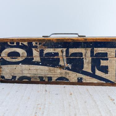 Handmade vintage Wood Box Made of Old Crates with Original Graphics and Metal Hardware 