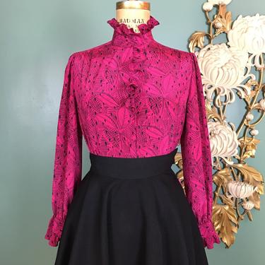 1980s blouse, magenta and black, vintage 80s blouse, medium, mock neck, ruffled cuffs, secretary style, puff shoulders, long sleeve, rayon 