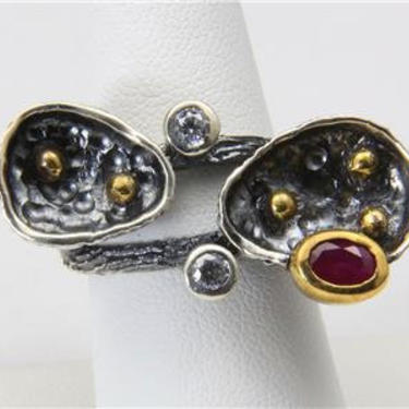 Artisan Sterling Silver Gold Wash Modernist Ring Ruby &amp; Zircon Double Disc Sz 8 