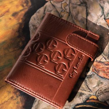 Vintage 70s Guy Laroche Cinnamon Brown Leather Bifold Snap Wallet w/ Embossed Logo | Made in Italy | 1970s Designer Unisex Photo Card Holder 