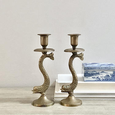 Older Brass Dolphin Candlesticks Koi Fish Candle Holders Chinoiserie Decor 