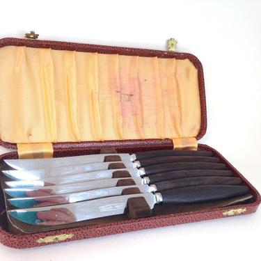 Vintage Manor House Set of 6 Steak Knives Rosewood Handles in Case Sheffield England 