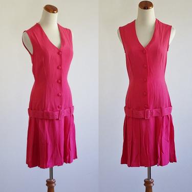 Vintage Disco Dress, Magenta Pink Sleeveless Dress, Drop Waist Dress, 70s Minidress, Pleated Minidress, Small Medium 