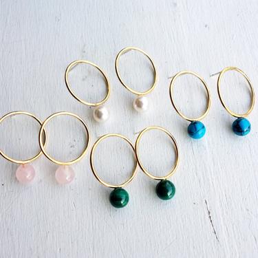 Orb Studs in 14k Gold Fill with Perched Pearls, Malachite, Turquoise or Rose Quartz 