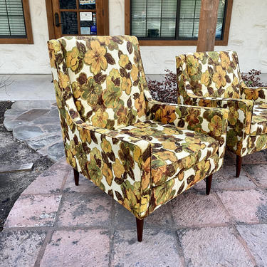 Pair of Mid Century Modern, His and Her’s Floral Upholstered Arm Chairs 