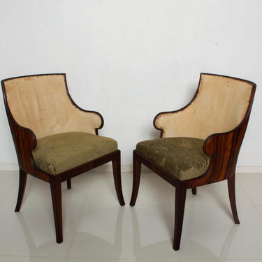 Pair of French Art Deco Rosewood Barrel Back Tub Arm Chairs after Gilbert Rohde 