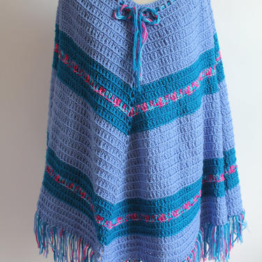 Hand Crocheted Poncho L-XL Blue and Pink 