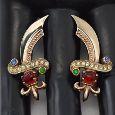 Ornate 40's sterling vermeil rhinestones scimitar screw backs, colorful gilded 925 silver fleur de lis handled sword earrings 