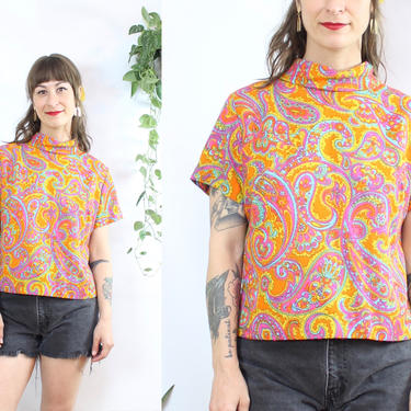 Vintage 60's Paisley Blouse / 1960's Psychedelic Top / Mock Neck / Women's Size Medium Large by Ru