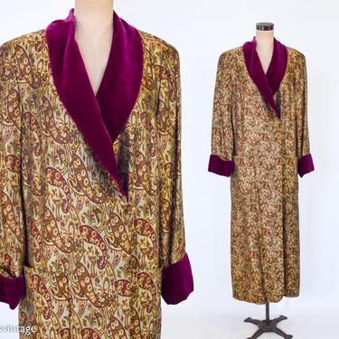 1980s Gold Brocade Velvet Collar Robe | 80s Gold &amp; Maroon Collar Dressing Gown | Liz Claiborne | Large 