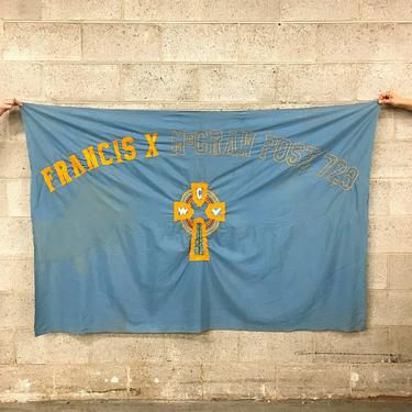Vintage Embroidered School Banner Retro Homemade Light Blue and Orange Flag with Cross Francis X McGraw Post 729 