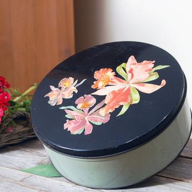 Black floral canister tin / orchid tin / vintage metal flower print canister / cottagecore / retro kitchen / shabby chic / floral cookie tin 