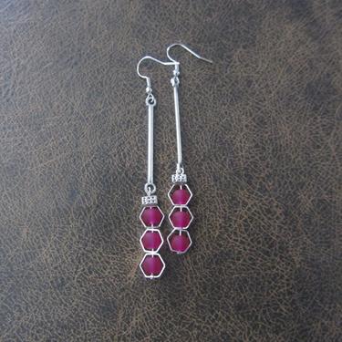 Long sea glass earrings, bohemian beach earrings, bold earrings, boho earrings, pink dangle earrings, geometric hexagon earrings, artisan 