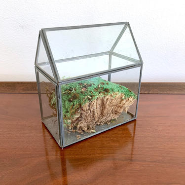 Glass House Curio Box - Glass Brass Curio Box - Small Display Case w Door - Lidded Glass + Brass Jewelry Box - Glass Terrarium Container 