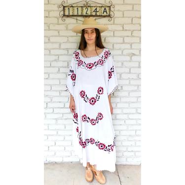 Hand Embroidered Dress // vintage sun Mexican white embroidered floral 70s boho hippie cotton hippy maxi // O/S 