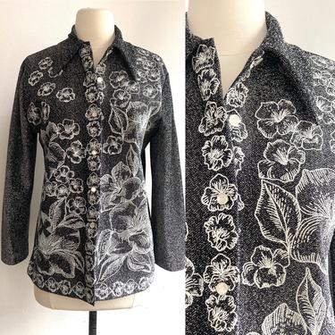 Vintage 60's Glittery SILVER LAME Blouse / Tropical Flowers / Beach Cover-Up 