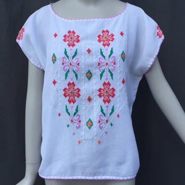 Vtg 70s woven cotton embroidered ethnic mexican huipil boho summer dress top 
