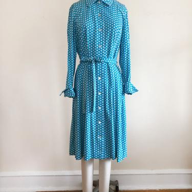 Bright Teal/Blue and White Floral Print Dress - 1970s 