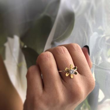 Daisy Ring - Flower Ring with Stone - Sterling Silver and Brass Daisy Flower Ring with Tube Set CZ - Flower Child Ring - Flower Girl 