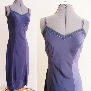 1930s Blue Rayon Slip Dress / 30s Lingerie Negligee Navy Blue Ankle Length Night Dress / Skylon Nu-Fashion / Med AS IS 