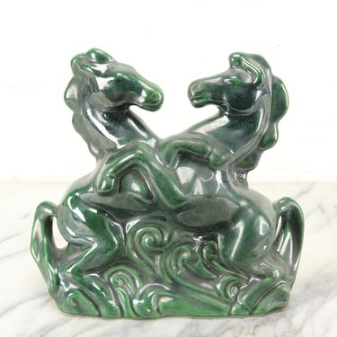 Green Ceramic Sparring Horses Mid-Century TV Lamp 