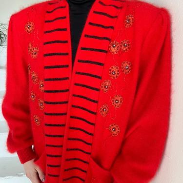 1980s Cozy Oversized Angora Sweater Vibrant Red Beading Appliqué Rhinestones Large 