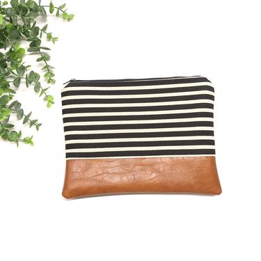 Black and White Stripe Makeup Bag: Stripe Bag/ Travel Pouch/ Vegan Leather 
