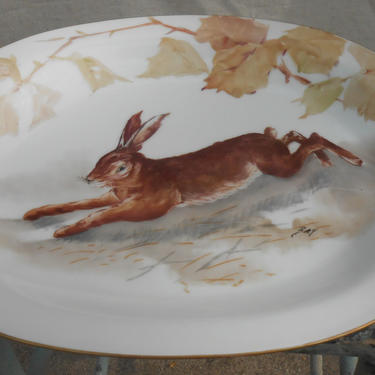 Handpainted Limoges France Porcelain  Hare Rabbit Bunny Serving Platter and Game Plates 1890 