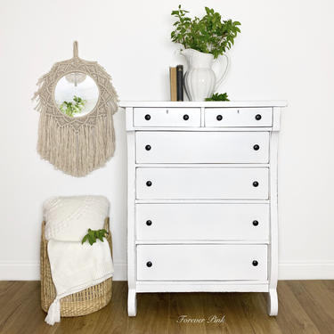 NEW - Vintage Empire White Chest of Drawers, Farmhouse Dresser with Black Hardware 