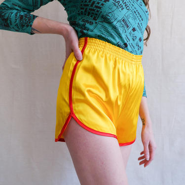 Vintage 70s Yellow Satin Roller Girl Shorts/ 1970s High Waisted Velva Sheen Yellow Red Athletic Hot Shorts/ Size XS 