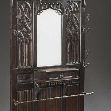 French Gothic Revival Carved Oak Hall Stand Coat Rack Umbrella Stand w/Mirror