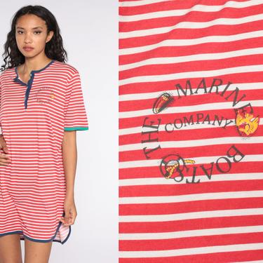 Nautical Tshirt Dress -- Red White Striped Dress Marine Boat Company 00s Graphic Sailor Tshirt Dress Small Medium Large 