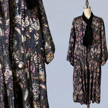 1920s Coat / 20s Printed Floral Lam Coat/ Rare! / Amazing Museum Quality / Bright Lilac Lining 