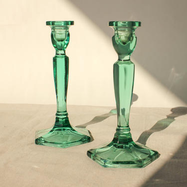 Vintage 80s Teal Green Tall Candlestick Holder Pair | Centerpiece, Home Decor, Glassware, Bohemian | 1980s Decorative Boho Candle Holder Set 