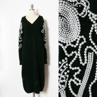 1990s Sweater Dress Black Knit Beaded Pearl M 