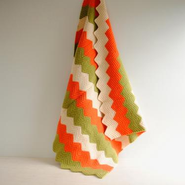 Vintage Hand Crocheted Wool Afghan Blanket with Orange, Green, and Cream Zig Zag Pattern 