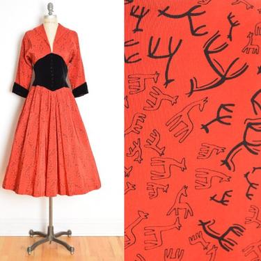 vintage 50s dress red novelty print GIRAFFES black full party rayon new look M clothing 