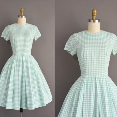 vintage 1950s dress | Mint Gingham Print Short Sleeve Full Skirt Cotton Day Dress | XS Small | 50s vintage dress 