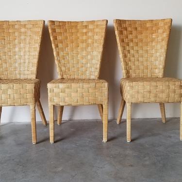 Vintage Palecek - Style Woven Rattan Dining Chairs - Set of 3 