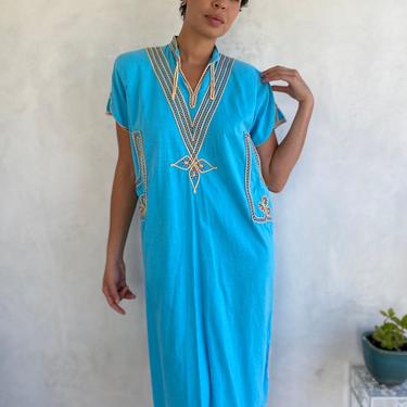 1970’s Vintage Turquoise Embroidered Cotton Tunic Dress - Resort Bohemian Moroccan Robe Gown - O/S 
